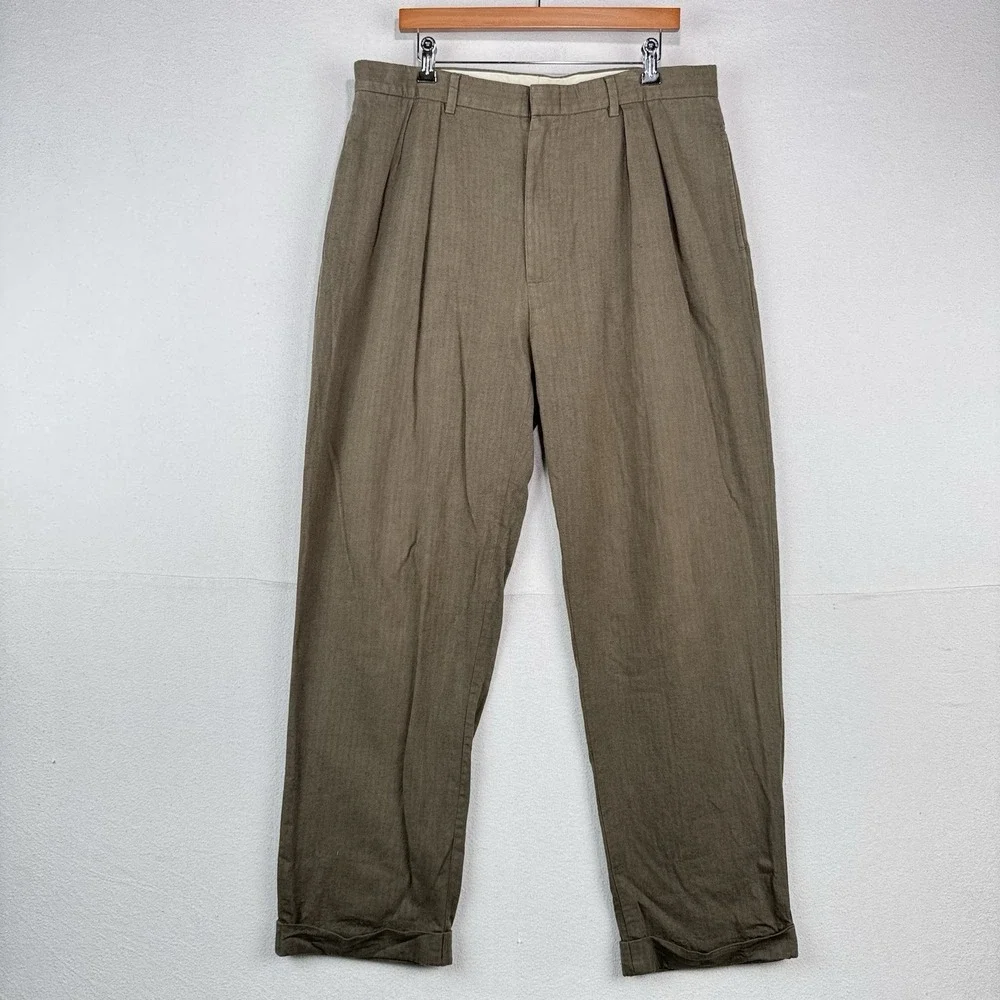 Vtg Polo Ralph Lauren Fits 36x32 Tan Herringbone Pleated Cuffed Dress Pants